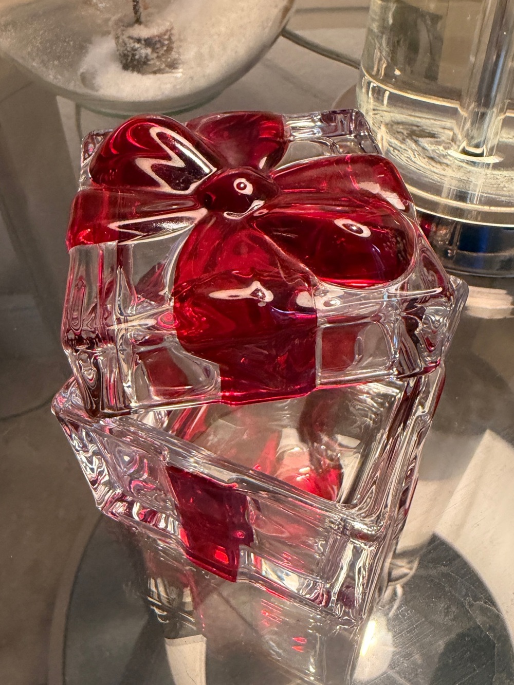 Godinger Crystal Glass Present Trinket Box Red Bow Holiday Decor EUC